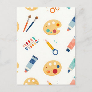 Cartão Postal Ferramentas de Pintura Artísticas Padrão Fofo Aqua