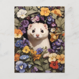 Cartão Postal Ferret Bonito Escondido No Jardim De Pansies