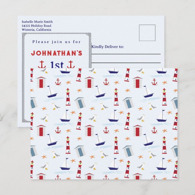 Cartão Postal Festa de 1º Aniversário com Tema de Farol Náutico  (Frente/Verso)