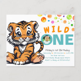 Cartão Postal Festa de 1º Aniversário do Bebê Selvagem com Tigre