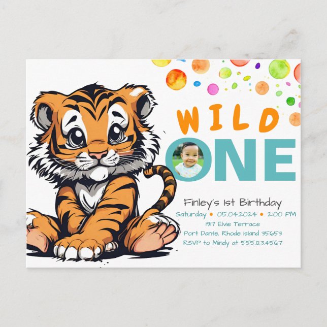 Cartão Postal Festa de 1º Aniversário do Bebê Selvagem com Tigre (Frente)