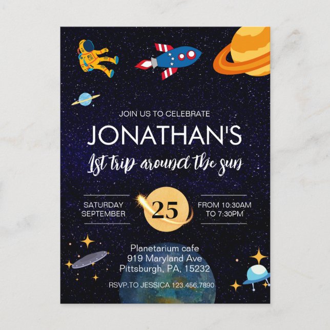 Cartão Postal Festa de 1º aniversário no espaço do astronauta (Frente)