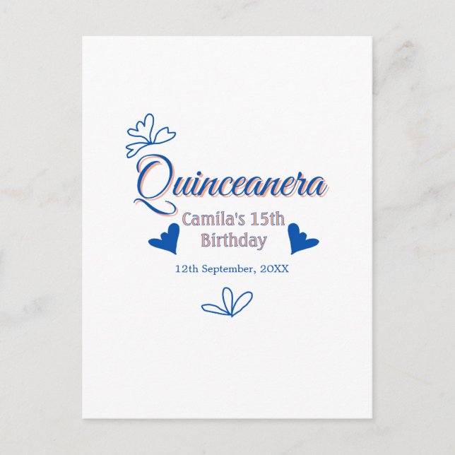 Cartão Postal Festa de 15 anos Blue peach quinceanera rústica me (Frente)