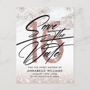 Cartão Postal Festa de 16 Anos Rose Gold Marble Save The Date