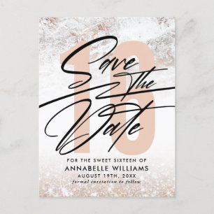Cartão Postal Festa de 16 Anos Rose Gold Marble Save The Date
