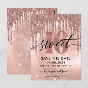 Cartão Postal Festa de 16 Anos Rose Gold Save The Date 