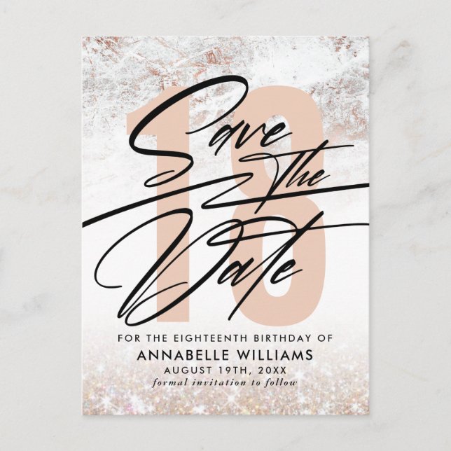 Cartão Postal Festa de 18 Anos Rose Gold Marble Save The Date (Frente)
