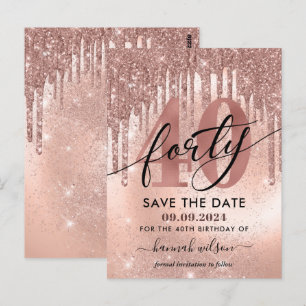 Cartão Postal Festa de 40 Anos Rosa Dourado Save The Date 