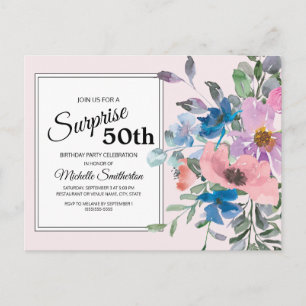 Cartão Postal Festa de 50º Aniversário Floral de Aquarela Rosa R