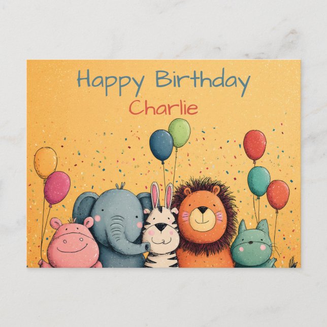 Cartão Postal Festa de Animais de Zoológico Fofos com Balões e C (Frente)