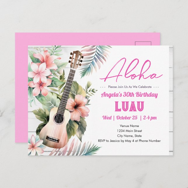 Cartão Postal Festa de aniversário adulta ukulele Aloha Luau (Frente/Verso)