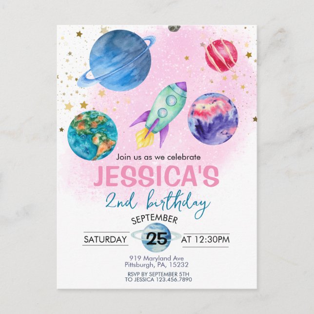 Cartão Postal Festa de Aniversário Astronauta Menina Rosa Fofa (Frente)