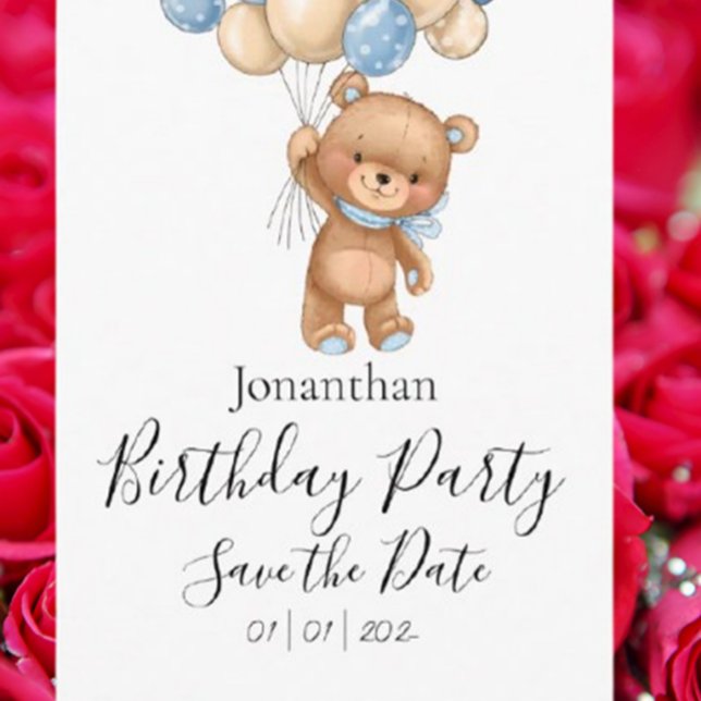 Cartão Postal Festa de Aniversário Azul do Ursinho de Pelúcia Sa (Celebrate your little one’s special day with our Teddy Bear Blue Birthday Party Save the Date  )