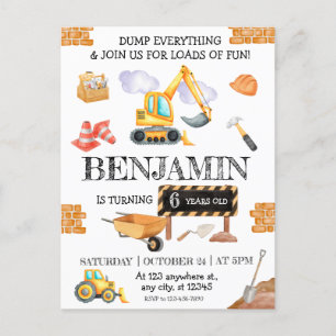 Cartão Postal Festa de Aniversário Caminhão de Carga e Escavadei