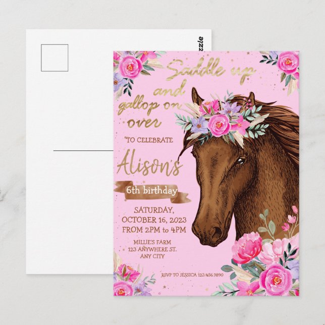 Cartão Postal Festa de Aniversário Caubói Cavalo Rosa (Frente/Verso)