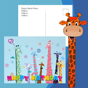Cartão Postal Festa de Aniversário com Girafas Arco-íris