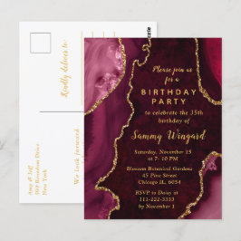 Cartão Postal Festa de Aniversário com Mármore de Ágata Vermelho
