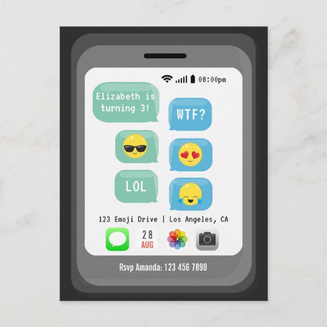 Cartão Postal Festa de Aniversário com Tema de Emoji (Frente)
