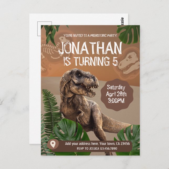 Cartão Postal Festa de Aniversário com Tema do Dinossauro T Rex (Frente/Verso)