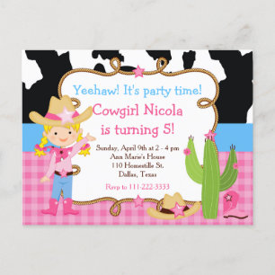 Cartão Postal Festa de Aniversário Country Cowgirl Loira