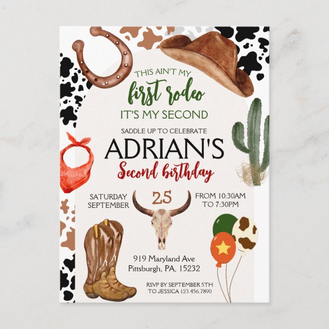 Cartão Postal Festa de Aniversário Cowboy 2º Rodeio (Frente)