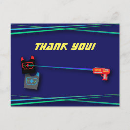 Cartão Postal Festa de aniversário da etiqueta laser azul Obriga