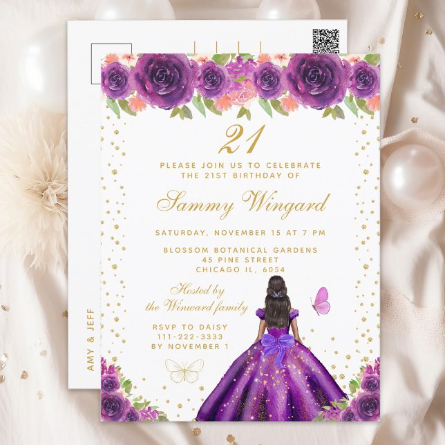 Cartão Postal Festa de Aniversário da Princesa de Floral Roxo pa (Criador carregado)