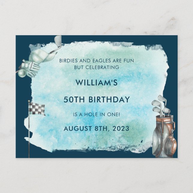Cartão Postal Festa de Aniversário de 50 anos de Golfe Aquarela (Frente)