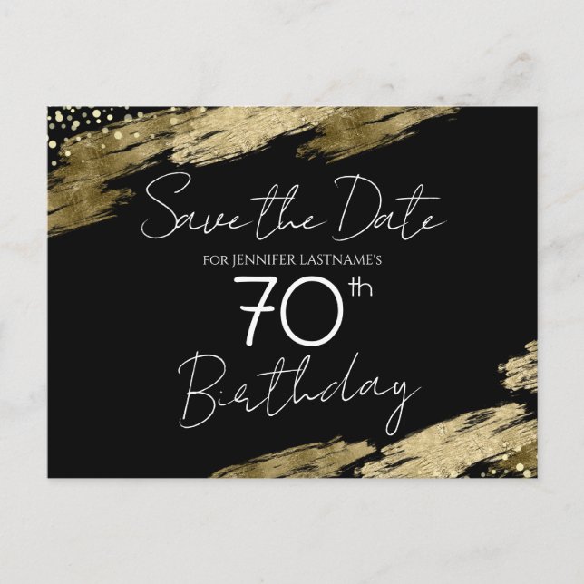 Cartão Postal Festa de Aniversário de 70 anos Dourado Preto Save (Frente)