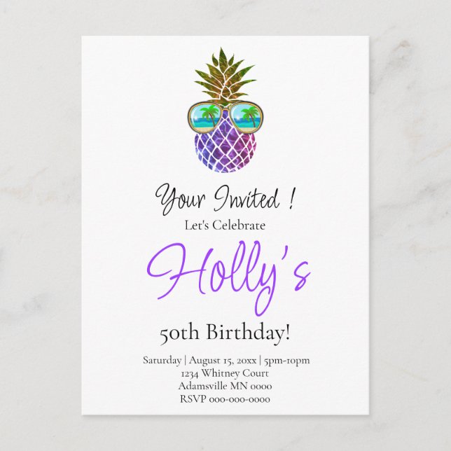 Cartão Postal Festa de aniversário de abacaxi roxa-rosa-tropical (Frente)