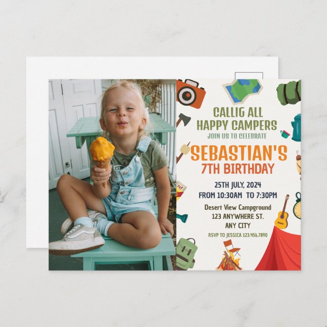 Cartão Postal Festa de Aniversário de Acampamento Foto (Frente/Verso)