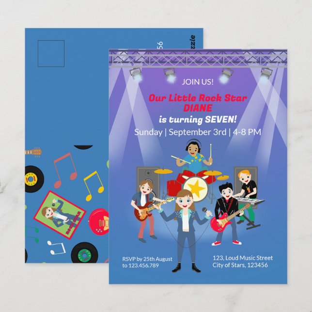 Cartão Postal Festa de aniversário de Banda Rock Star (Frente/Verso)