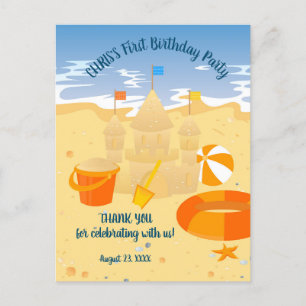 Cartão Postal Festa de aniversário de bebê menino na praia com c