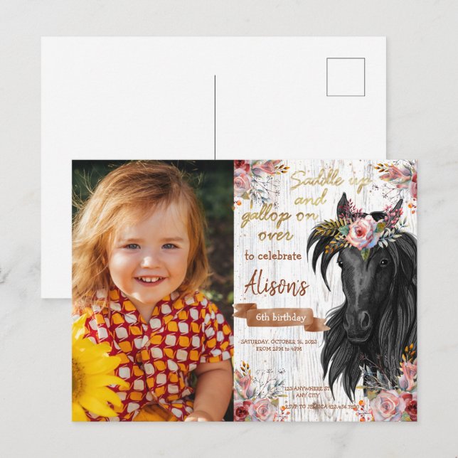 Cartão Postal Festa de Aniversário de Cavalo Rosa Fofo (Frente/Verso)