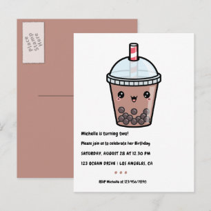 Cartão Postal Festa de Aniversário de Chá de Bolha Kawaii Marrom