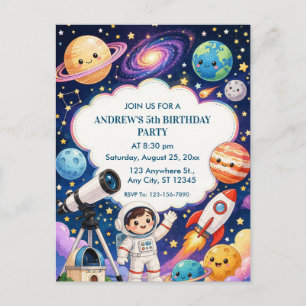 Cartão Postal Festa de Aniversário de Crianças Astronautas no Es