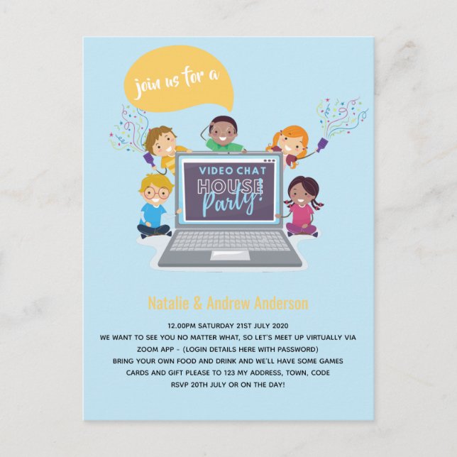 Cartão Postal Festa de Aniversário de CRIANÇAS Bate-papo de Víde (Frente)