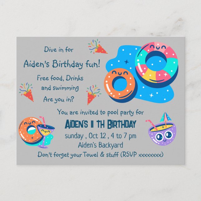 Cartão Postal Festa de aniversário de crianças na piscina (Frente)