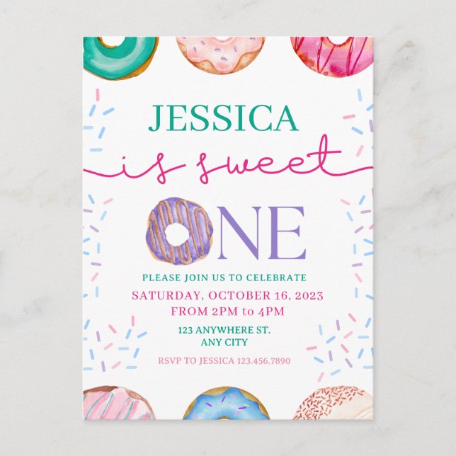 Cartão Postal Festa de Aniversário de Donut Fofa 1º aniversário (Frente)