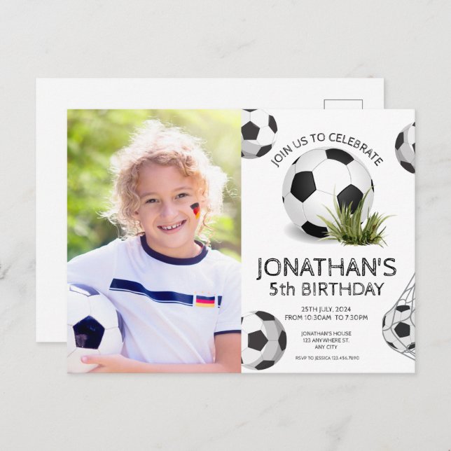 Cartão Postal Festa de Aniversário de Futebol Infantil (Frente/Verso)