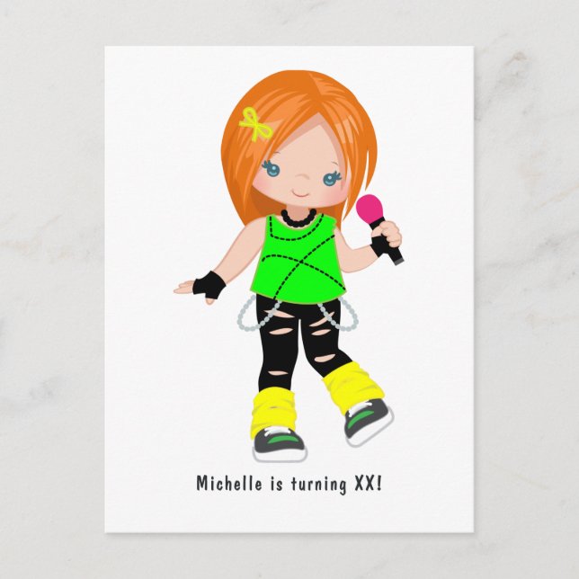 Cartão Postal Festa de Aniversário de Garota Ruiva Fofa e Rock S (Frente)