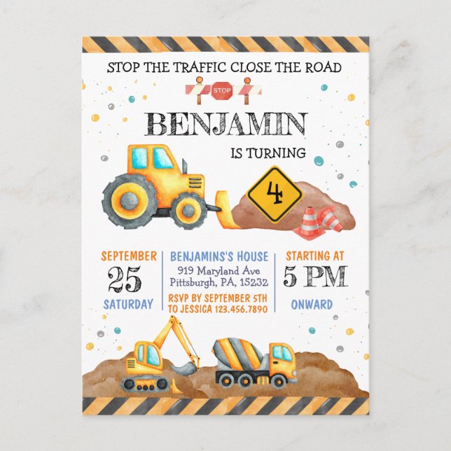 Cartão Postal Festa de Aniversário de Menino Fofo com Veículos d (Frente)