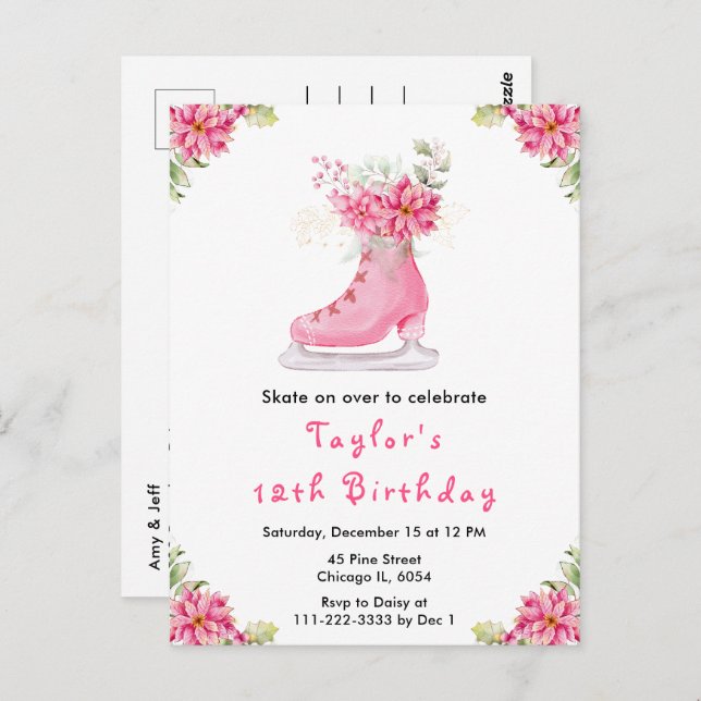 Cartão Postal Festa de Aniversário de Patinação no Gelo Rosa (Frente/Verso)