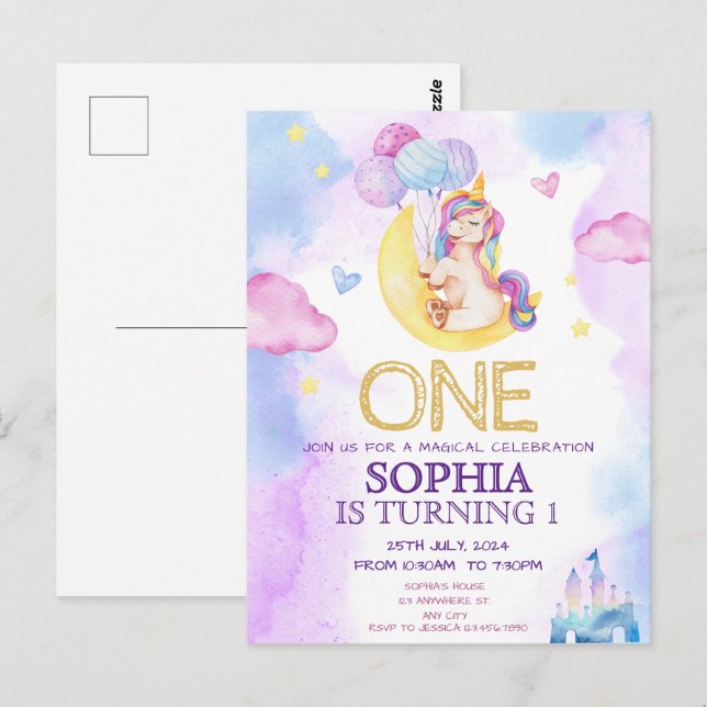 Cartão Postal Festa de Aniversário de Unicórnios Mágicos em Aqua (Frente/Verso)