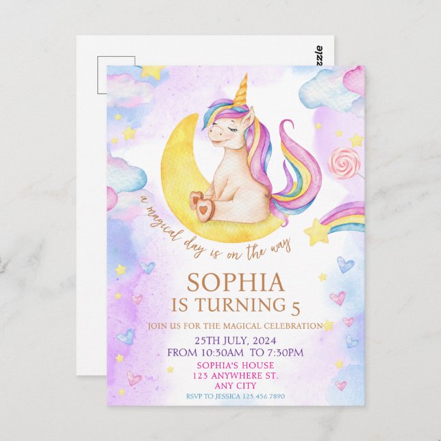 Cartão Postal Festa de Aniversário de Unicórnios Mágicos em Aqua (Frente/Verso)