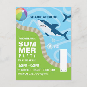 Cartão Postal Festa de aniversário de verão com tema de tubarão 