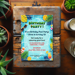 Cartão Postal Festa de Aniversário de Verão Tropical na Piscina