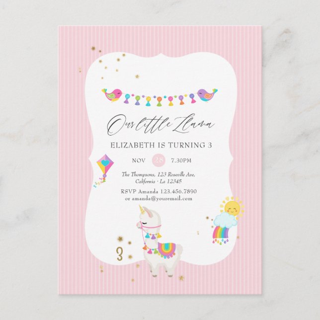 Cartão Postal Festa de Aniversário do Llama Moderno 3 anos (Frente)
