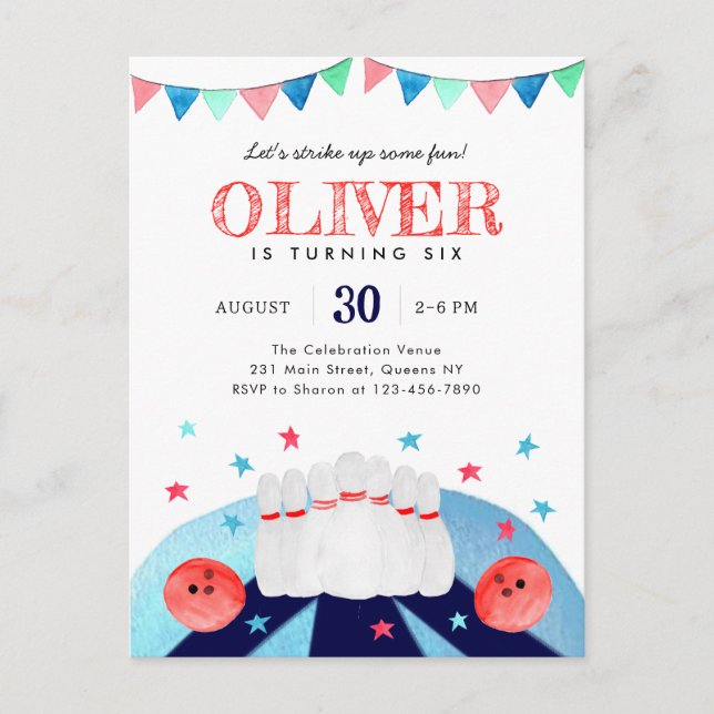 Cartão Postal Festa de Aniversário do Menino de Boliche Divirta- (Frente)