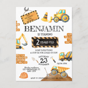 Cartão Postal Festa de Aniversário do Menino de Construção Fofa